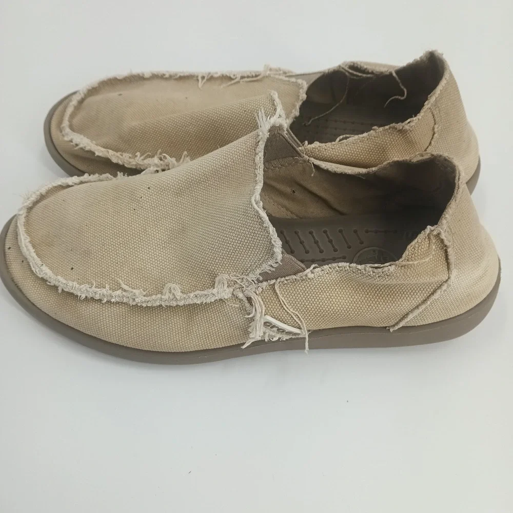 Crocs Santa Cruz Mens Khaki Tan Canvas Frayed Slip On Loafers Shoes Size 11
